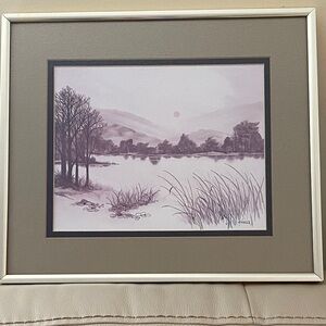Framed Peaceful Lake Landscape Wall Art by Artist F Massa.